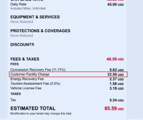 A snapshot of a customer facility charge for a bill at Avis car rental
