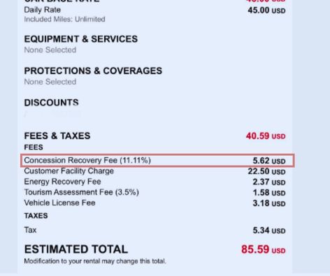 A snapshot of the amount of concession recovery fee in a certain bill