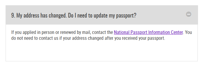 Us government resource page addressing difference in passport address and current address