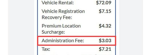 A screenshot of the admministration fee at avis car rental