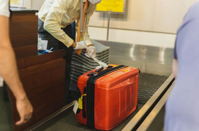 an airport staff using tags to find a bag